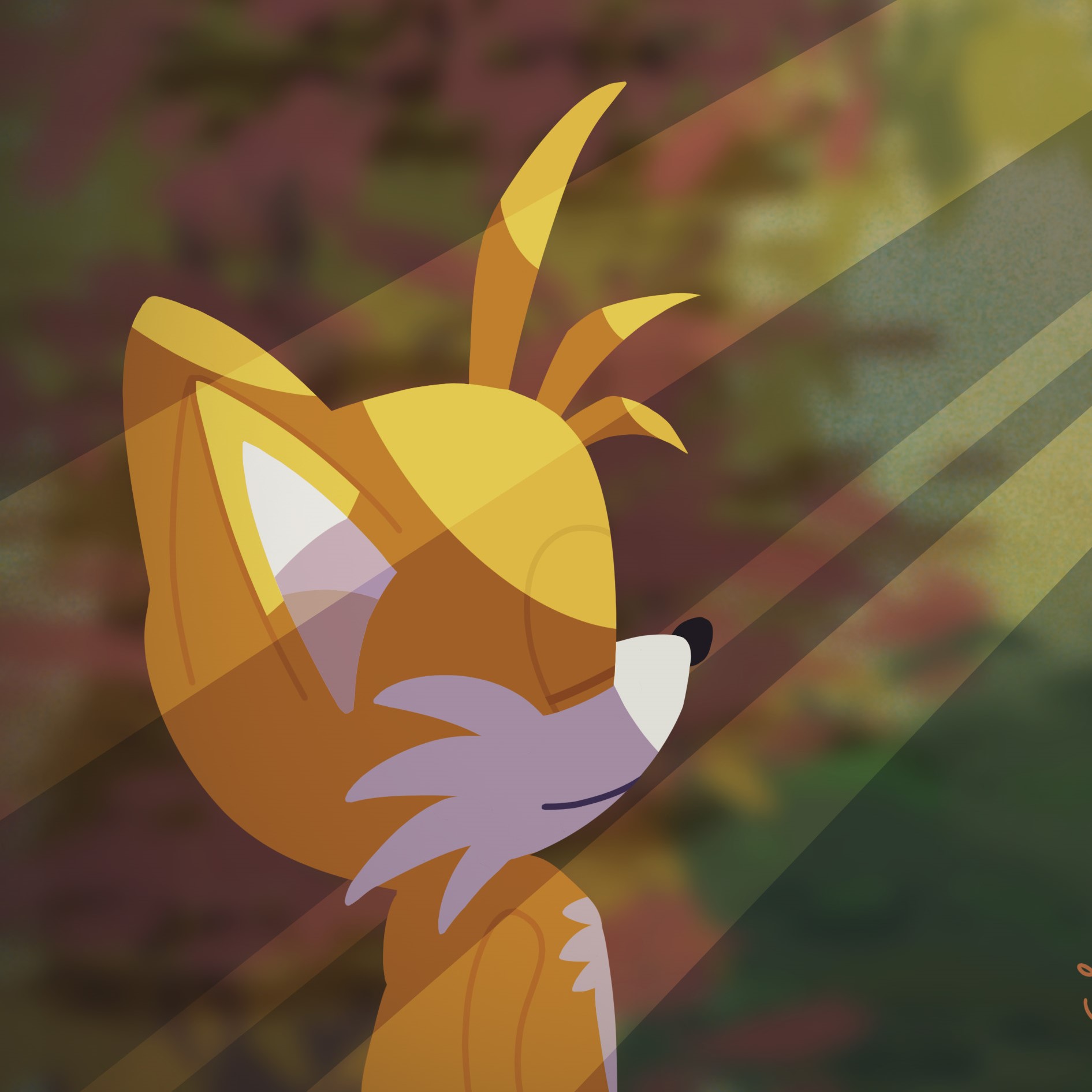 Illustration of Miles 'Tails' Prower with his eyes closed, smiling, lit up by piercing rays of sunlight.